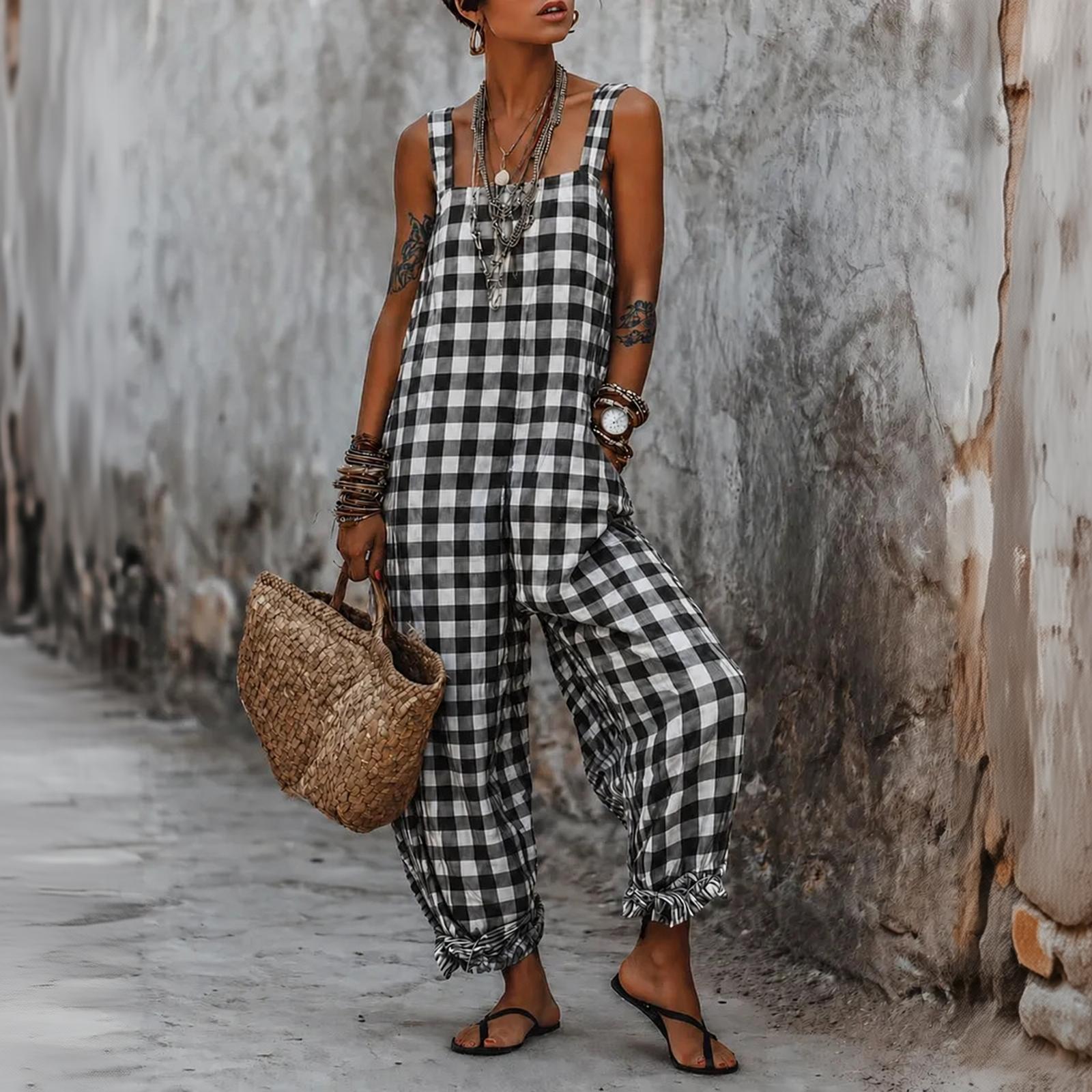 Women s Sleeveless Plaid Print Loose Fit Casual Jumpsuit L