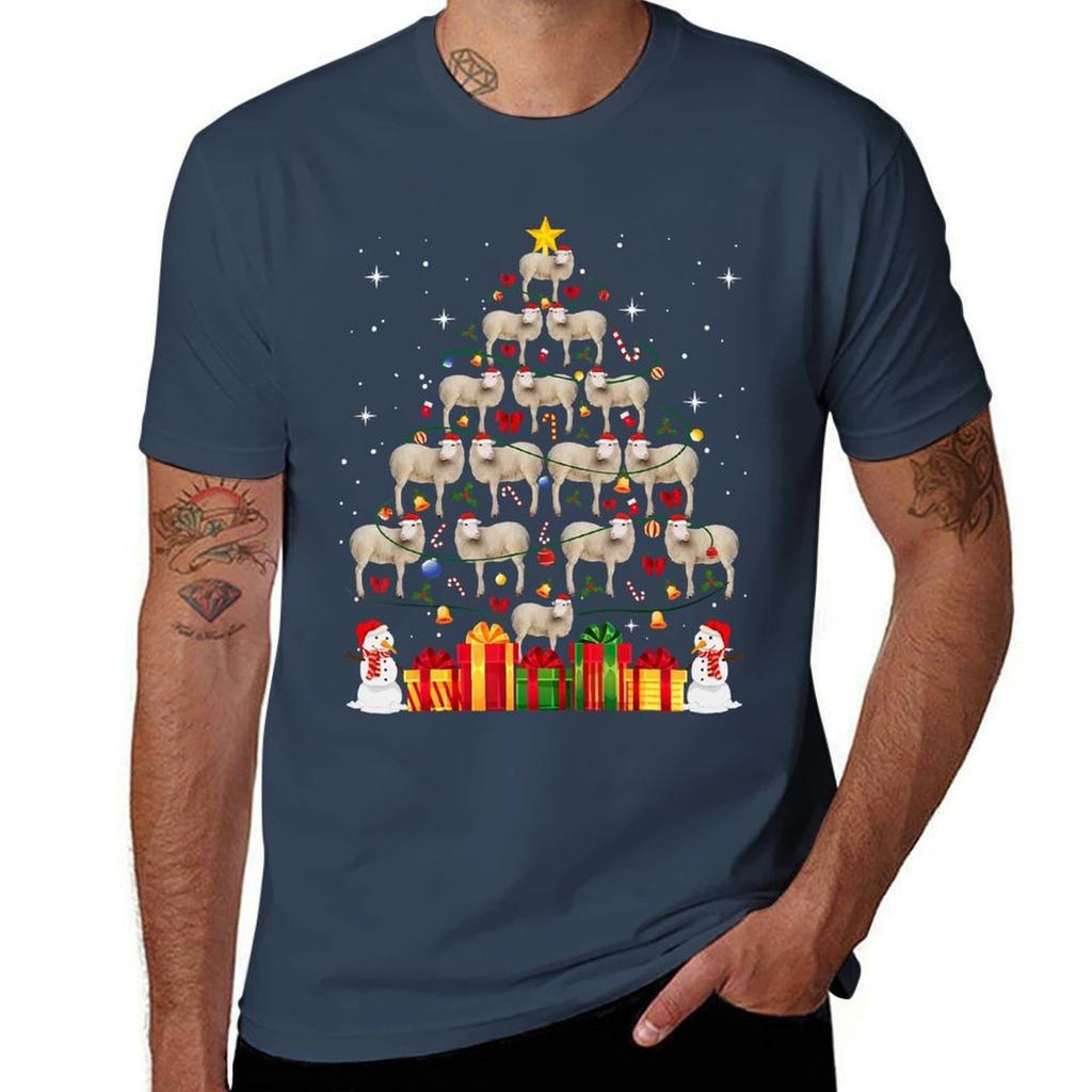 Sheep Christmas Tree Cute Xmas Gift Lover Lights Animals TShirt Simple Line Art Print Tee