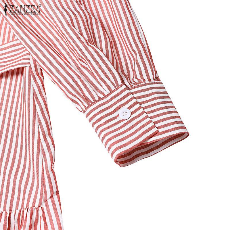 ZANZEA Women Casual Turn Down Collar Long Sleeve Loose Stripe Dress