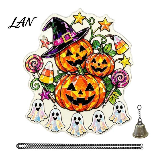 Pumpkin Party Decor Halloween Acrylic Hanging Decoration, Cartoon Ghost Ornament with Bell Bell, Suncatcher for Indoor Outdoor Holiday Ornaments