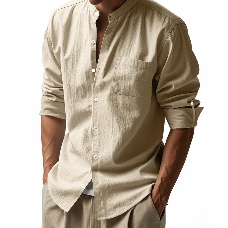 2026 Spring and Autumn Linen Shirt, Long Sleeve, Stand Collar, Breathable, Casual, Versatile Men's Shirt