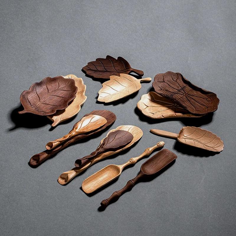 Bamboo Hand-carved Teaspoon Traditional Kung Fu Teaware Accessories Take Leaf-shaped Tools Chaze Coffee Beans Dosing Cup Trays