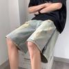 JYL Men's Denim Shorts Vintage Side Zip Mud Dyed Ripped Loose High-Street Denim