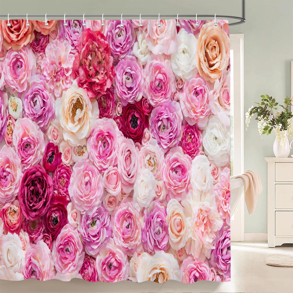 1Pcs Pink flower printing waterproof shower curtain,  Rose flowers wall bathroom decorative curtain with plastic hooks