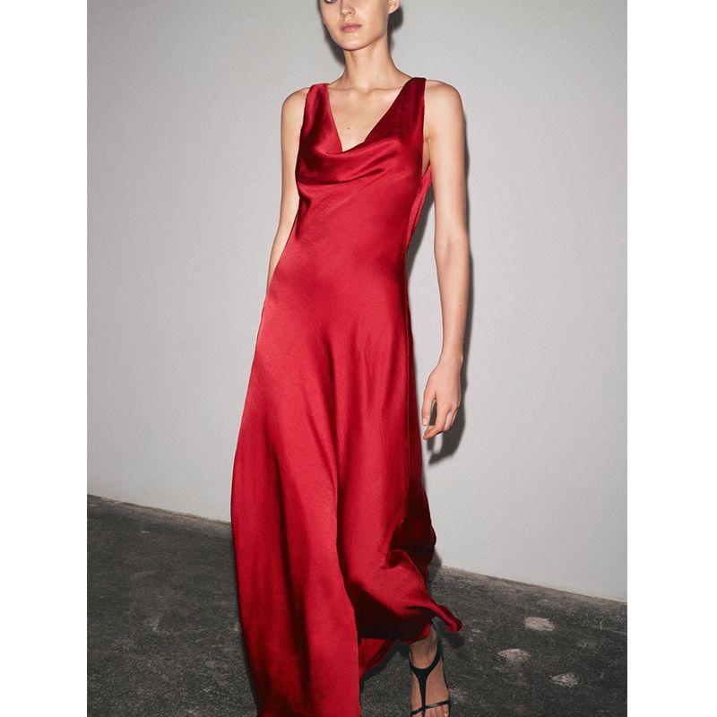 Summer Women's Clothing A- line Asymmetric Hem Silk Satin Texture Long Dress 2590987 2590934