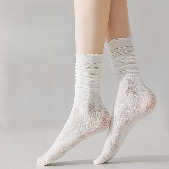 Women's Ruffle Socks Casual Mesh Lace Crew Socks Summer Ultra Thin Frilly Ankle Socks Soft Breathable Knit Socks