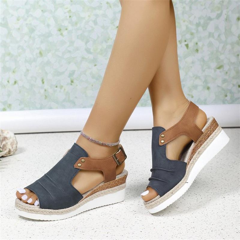 Large Size Straw Woven High-heeled Sandals 22 New Thick-soled Fish Mouth Roman Shoes One-word Buckle High-heeled Sandals