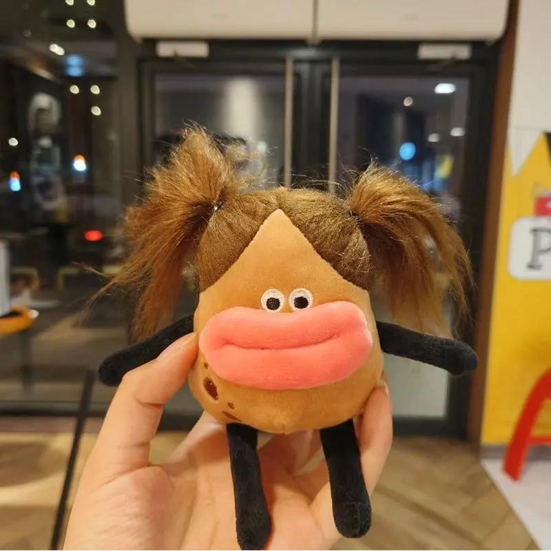 12Cm Explosions Fried Potato Sausage Mouth Keychain Plush Toys Funny Big Eyes Pendant Doll Bag Keychain Car Pendant Best Gifts