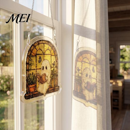Autumn Harvest Home Decor Halloween Ghost Acrylic Puzzle Suncatcher, Colorful Window Hanging Ornament, Stained Cute Gift for Friends Glass Style