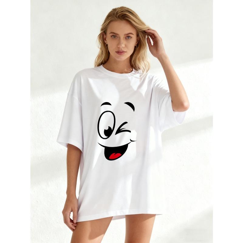 Oversized T Shirt Black Winking Face Print Casual Wear For Women Summer Streetwear Fashion Top