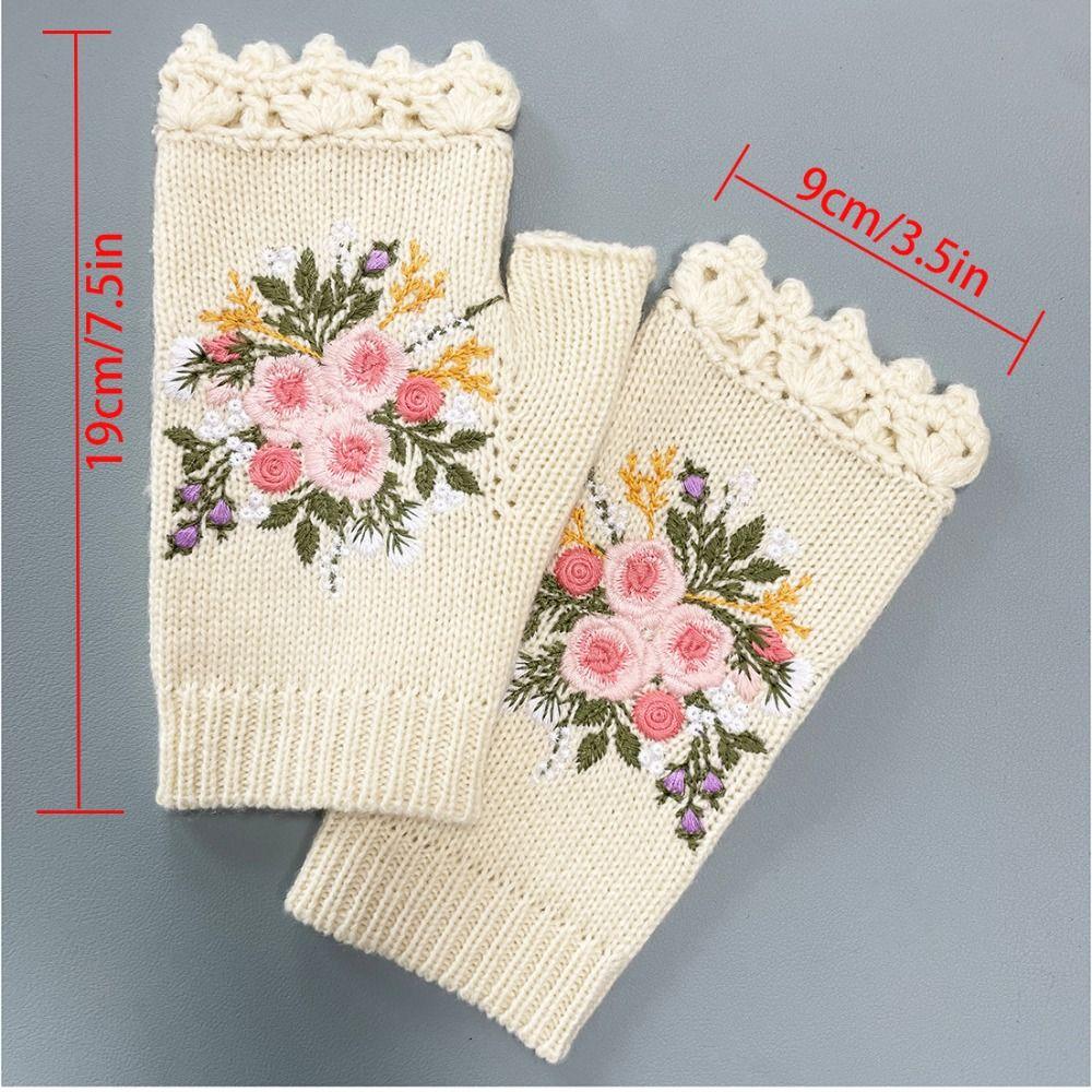 Gift Vintage Embroidery Knitted Gloves Bee Floral Winter Wool Gloves Half Finger Waterproof Crochet Flower Mittens Autumn