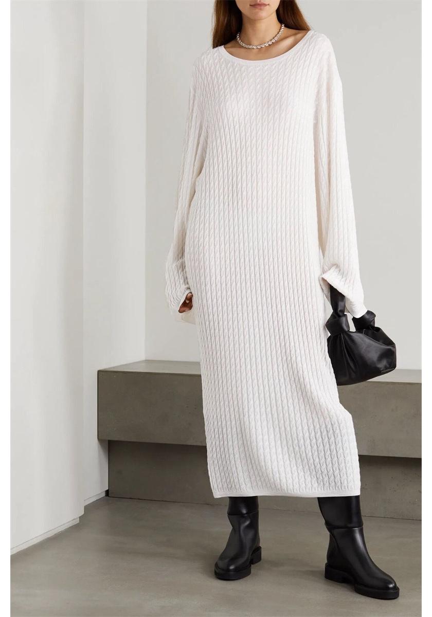 Nordic Minimalist Loose Cable Knit Wool Dress M белый