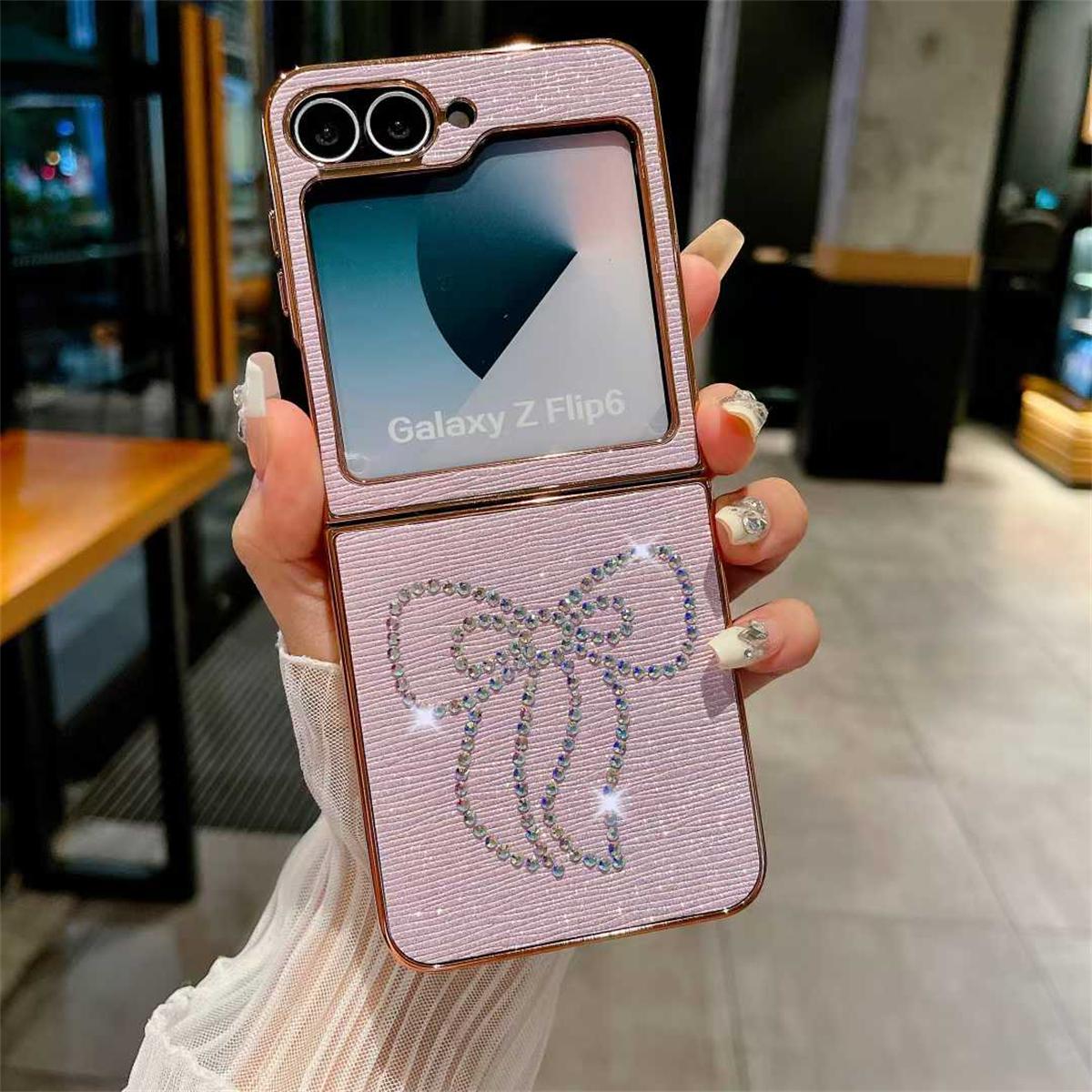 

Роскошный гальванизированный чехол с бриллиантовым бантом для телефона Samsung Galaxy Z Flip 6 5 4 3 Модный чехол Samsung Z Flip 6 фиолетовый