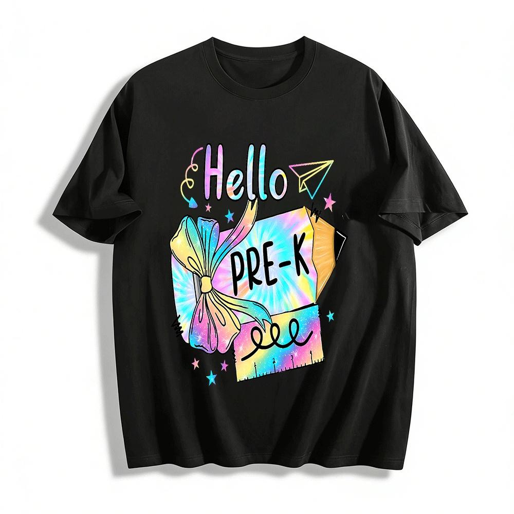 

Hello PRE-K Tie Dye Stationery Print Back To School Kids Top Pure cotton T-shirt XXS