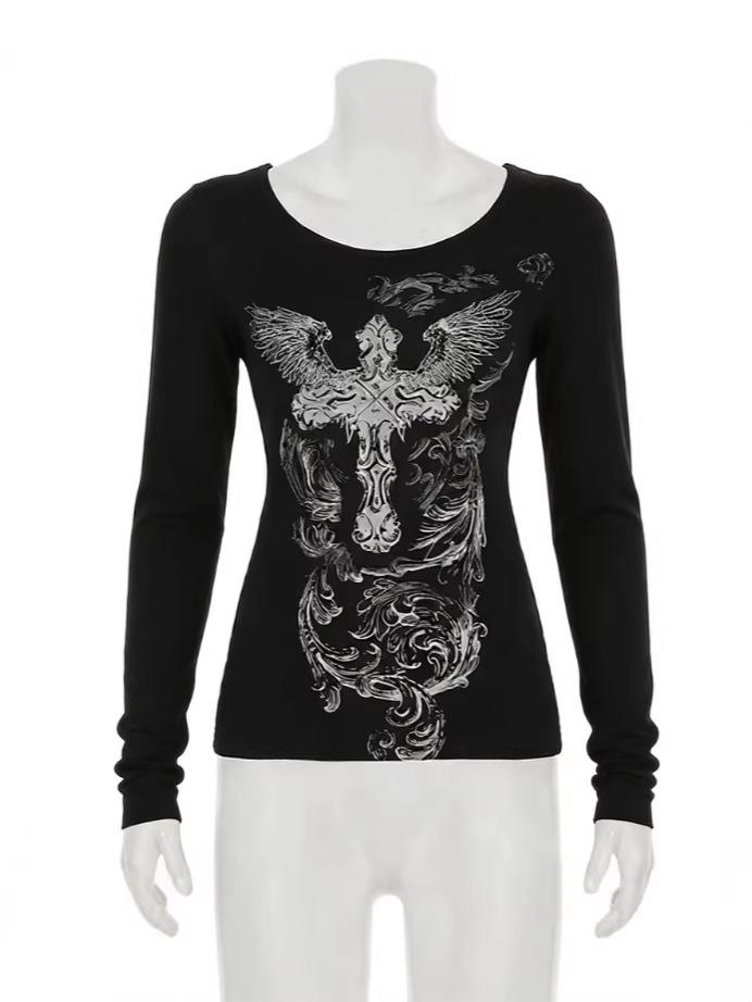 Gothic Print Slim Fit Crew Neck Short Sleeve Women's T-Shirt