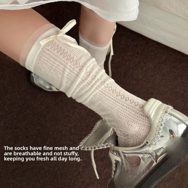 Short-sleeved Summer Lightweight Stockings for Women with Bow Ribbons At The Back of The Heel - A Sweet Long Stocking.