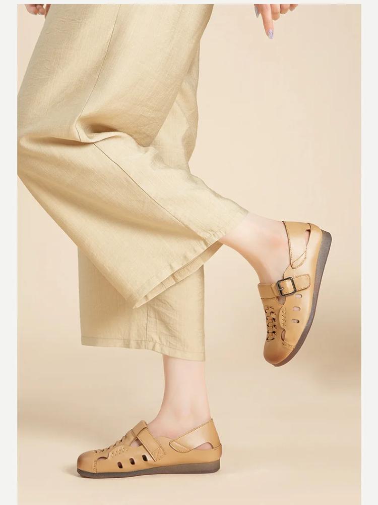 Johnature Flat Heel Soft Soled Sandals Hollow-out Breathable Genuine Leather Retro Hole Women's Shoes