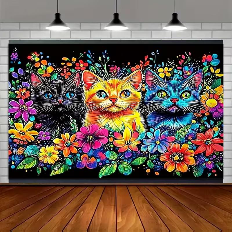 2D Colorful Kittens & Flowers Backdrop Cloth, Bright Art Photo Background
