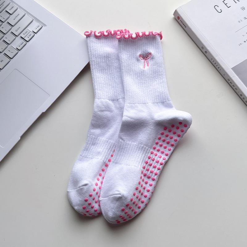 Yoga Socks - Women's Mid-calf Socks with Lace Embroidery and Anti-slip Design for Pilates Fitness and Exercise on The Floor.