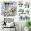 Cartoon Cat Flowers Potted Plants Wall Stickers Fake Windows Warm Bedside Bedroom Decorative Decal Stickers Wallpaper