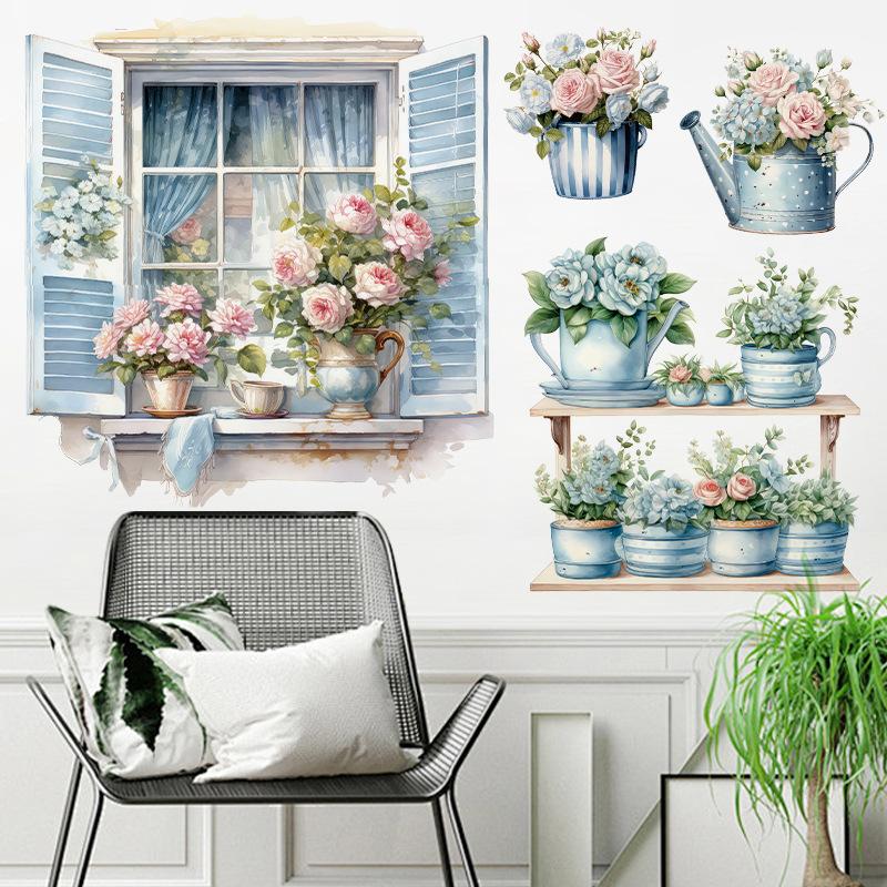 Cartoon Cat Flowers Potted Plants Wall Stickers Fake Windows Warm Bedside Bedroom Decorative Decal Stickers Wallpaper