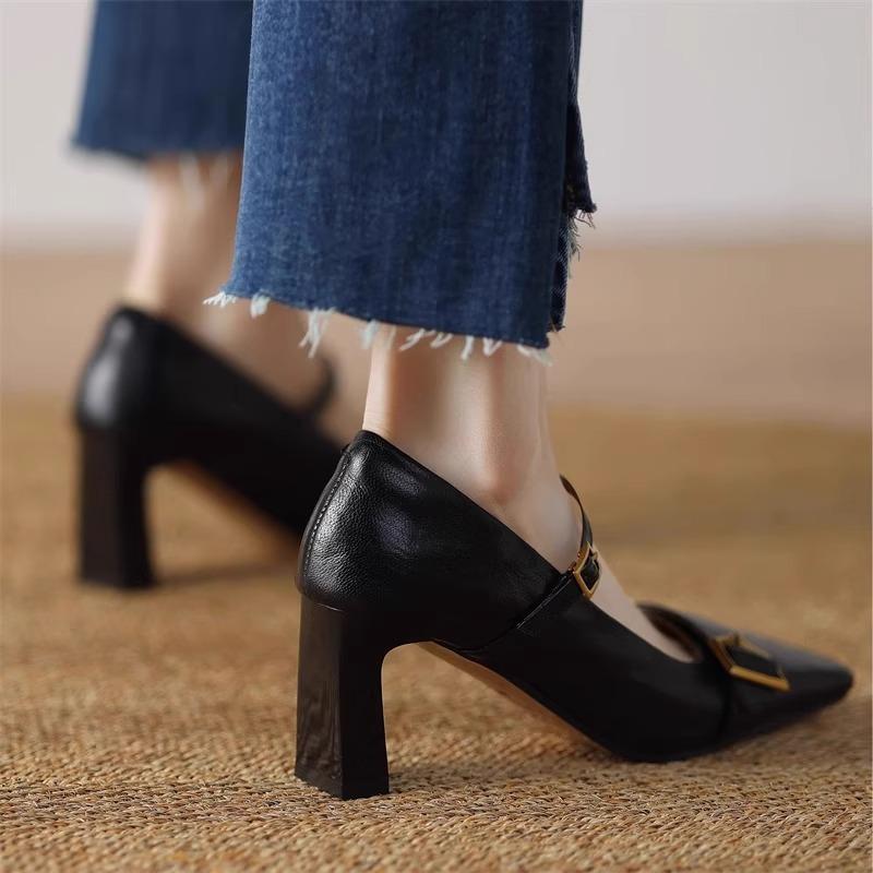 Fashion Metal Buckle Decoration Mary Jane Shoes Women Comfortable Leather High Heels Elegant Chunky Heel Women Pumps Zapatos De Mujer