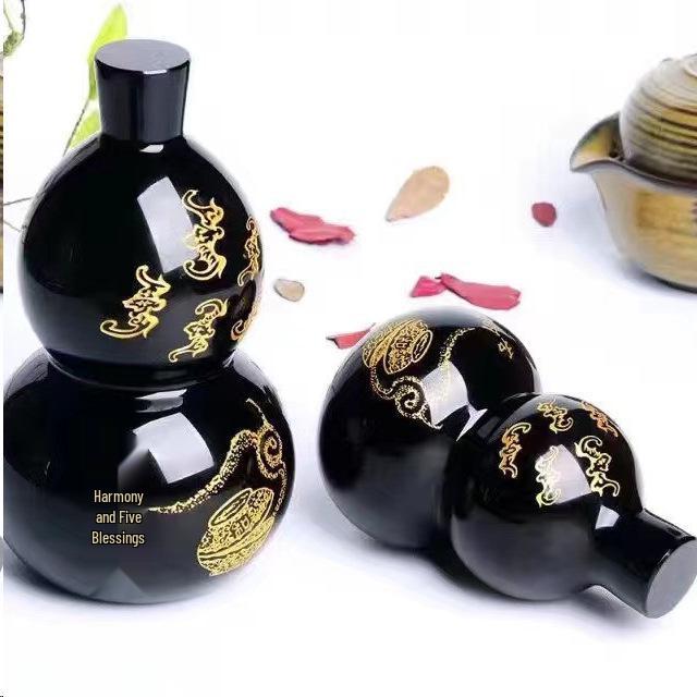 Obsidian Tai Chi Bagua Fu Lu Shou Gourd: Feng Shui Ornament with Six-Character Mantra and Five Blessings Design