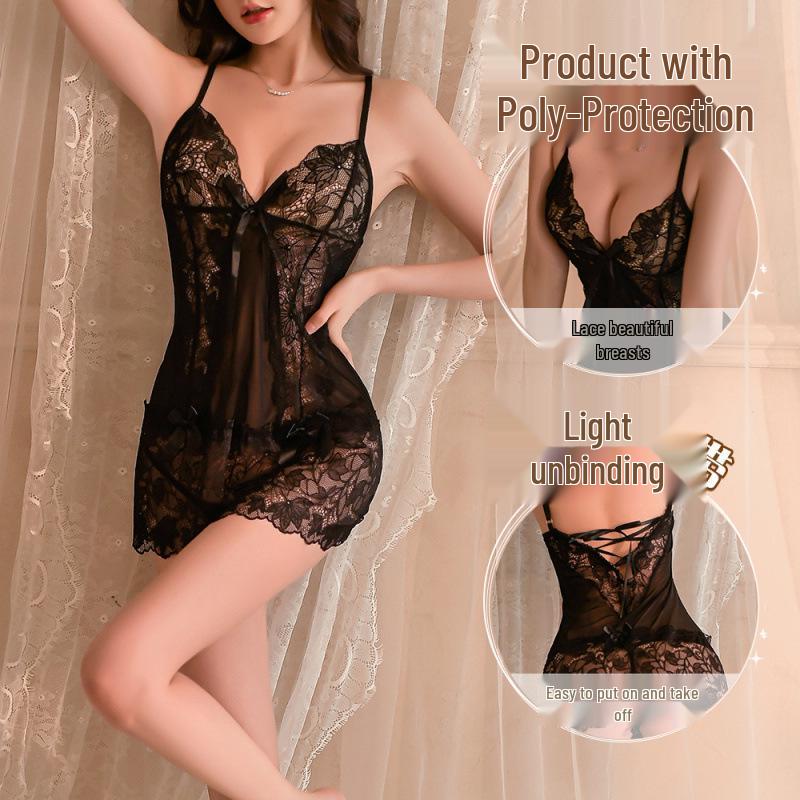 Tiefviolettes Spitzen-Cutout-Netz-Nachthemd mit Bindeband