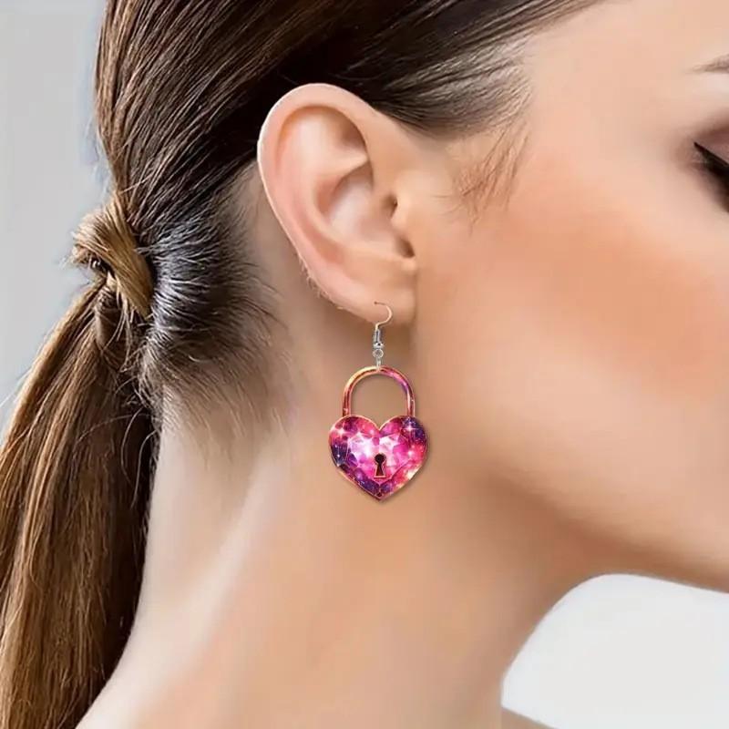 Sweet Heart Shaped Lock And Key Design Acrylic Women Pink Earrings Jewelry For All Genders