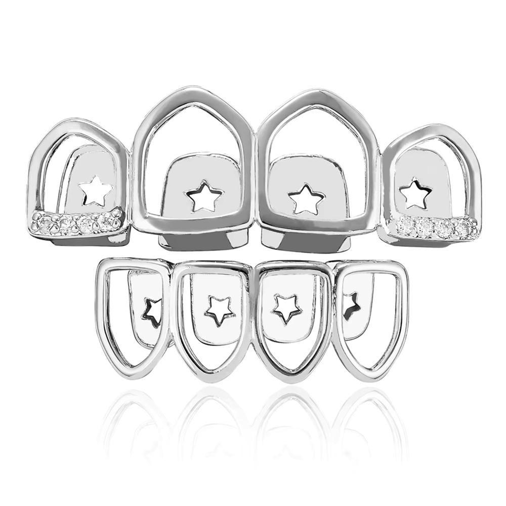 Hip Hop Jewelry Grillz in Body Jewelry Four Teeth Top and Lower 14K Gold Micro Paved CZ Grillz Diamond Teeth for Men Halloween