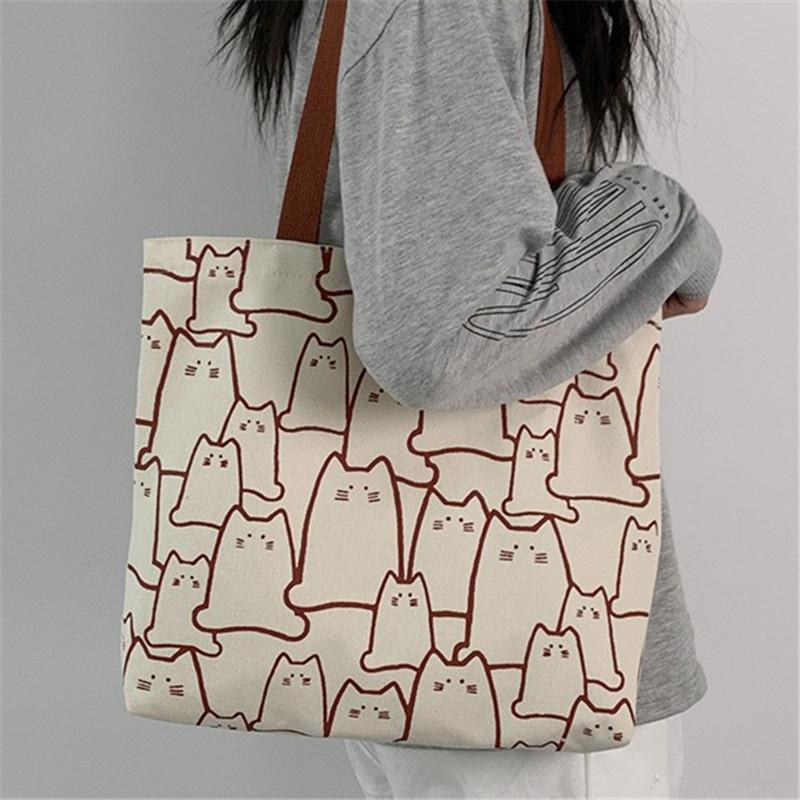 

Canvas Handbag For Women 2023 Fashion Cute Cat Tote Messenger Bags With Zipper Designer Bag Ladies Cartoon Shoulder Shopper Bags 40x6x30cm