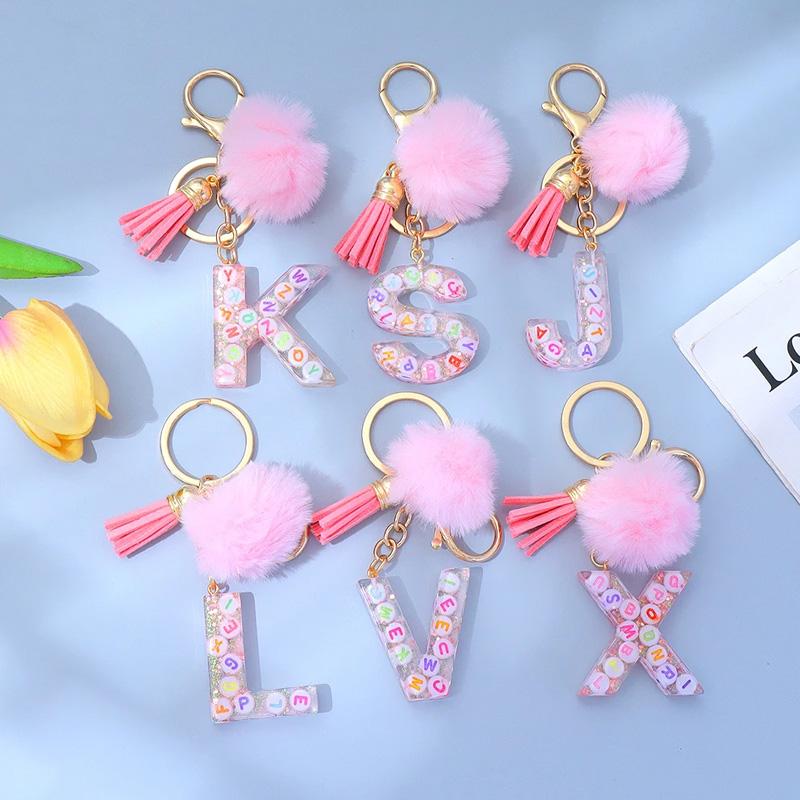 1PC Keyring Key Accessory Letter Filled Colourful Initial Pendant With Fluffy Keychain Glitter Tassel Charms For  Bags Backpacks