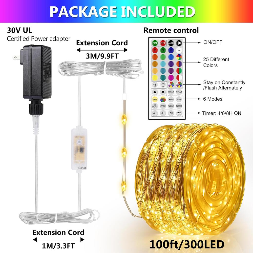 100FT 300LEDs Fairy Lights Plug in, 30V 24 RGB Colors+Warm White Color Changing Twinkle Lights, 150 Lighting Modes Timer String Light with Remote for