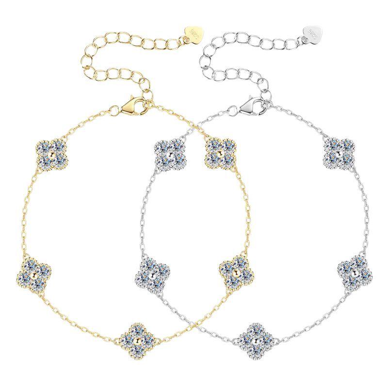 Silvere Glam Light Luxury, Niche Four-leaf Clover Mosan Diamond Five-flower Bracelet, Pure Silver Jewelry, Daily Commuting Accessory