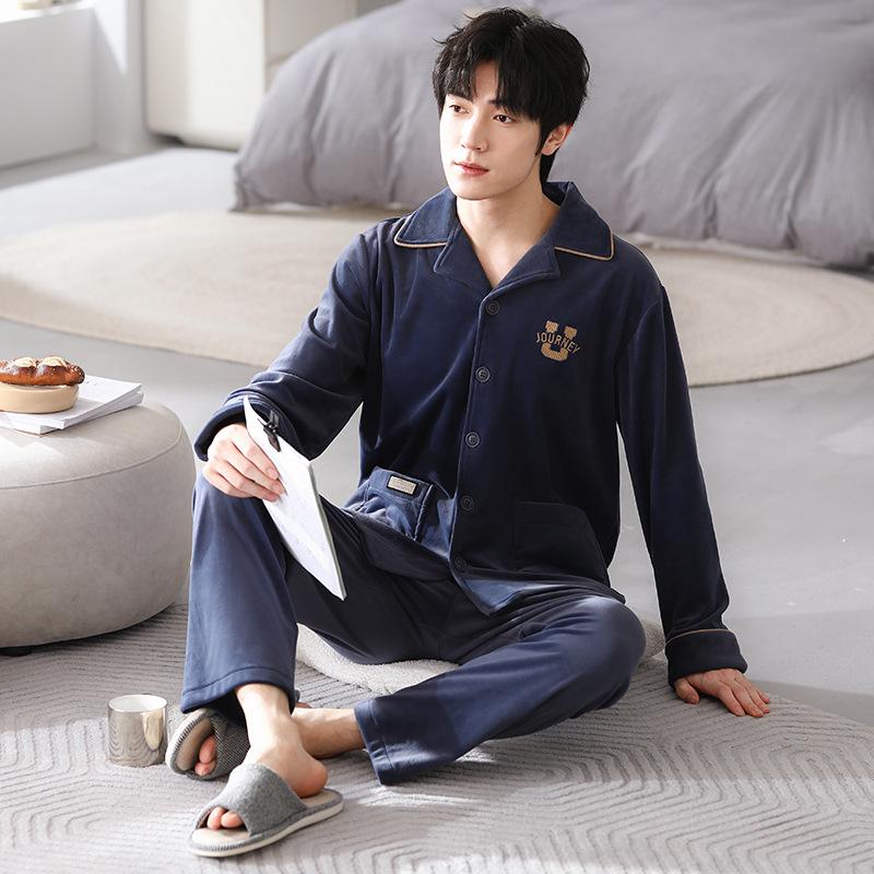 Pyjamas Herren Herbst und Winter Inselvlies Fleece Frühling und Herbst Korallenfleece Dünnes Homewear-Set