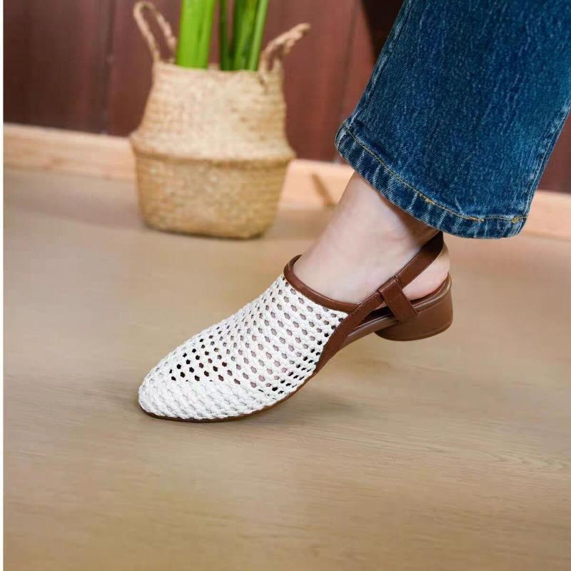 Moda Alla Moda Francesi A Punta Tessute Traspiranti Estate 2025 Nuove Morbida Pelle Tacco Spesso Tallone Scoperto Sandali da Donna