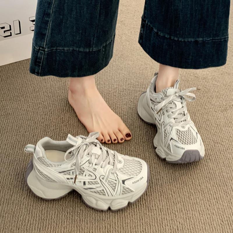 Thick-soled Women's New Summer Thin Mesh Breathable Versatile White Shoes Heightening Casual Sports Shoes