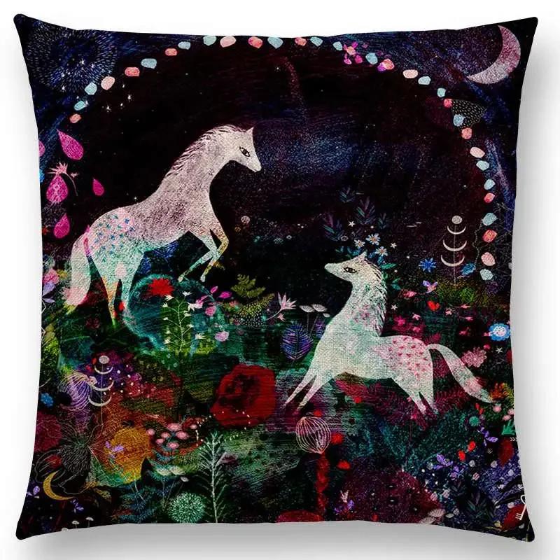 Norrsken Häst Blommor Blad Soffa Kasta Kudde Fodral Träd Blommig Trädgård Magisk Dröm Fantasi Natt Räv Rådjur Enhörning Kuddfodral