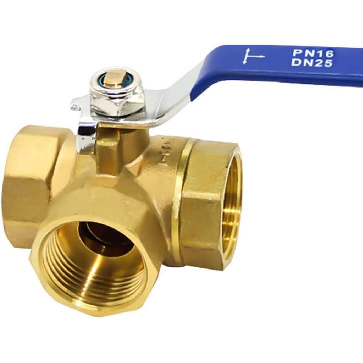 Brass Three-way Ball Valve, 1" DN25 Tap T-Type Female Thread Full Port for Water, Oil and Steam, 1 Inch