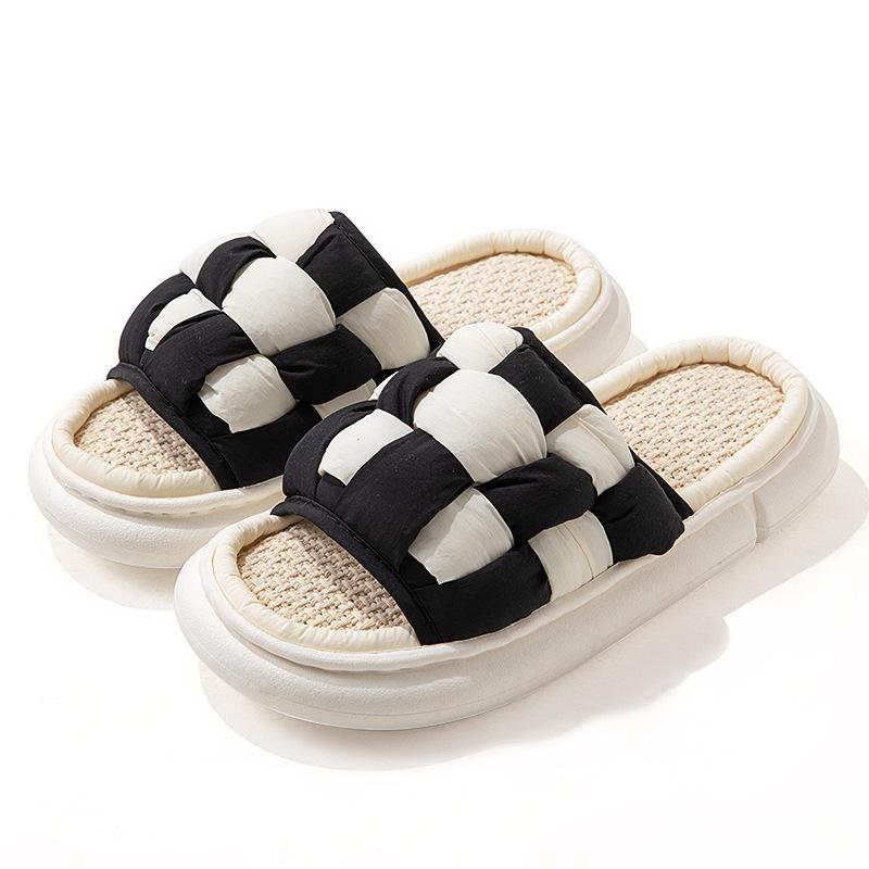 Fashion Simple Flax Lattice Spring Summer Women Slippers Home Floor Slippers for Women Couples Feeling Soft Bottom Linen Slippers