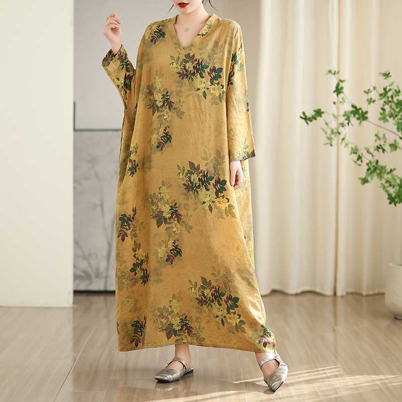 Colorful Vacation Style Travel V-neck Retro Long Skirt Cotton Linen Dress