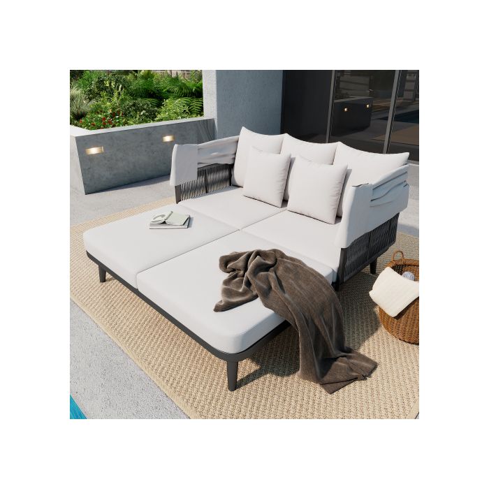 Double Garden Gazebo, Retractable Awning, Galvanized Steel Structure, 10 Cm Thick Cushions, Grey