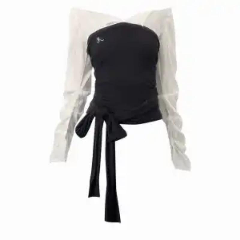 

Контрастный цвет, рубашка с длинными рукавами, имитирующая двойку, с открытым плечом, женский осенний топ с бретельками и дизайном талии S чёрный