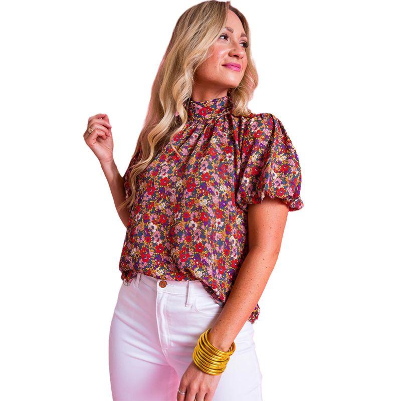 

Летняя новинка Блузка из шифона с цветочным принтом и водолазкой Женская 2025 Мода Ретро Повседневная Универсальная С рукавом три четверти Женская Purple 2 Size XL Fit (75.00 kg-82.50 kg