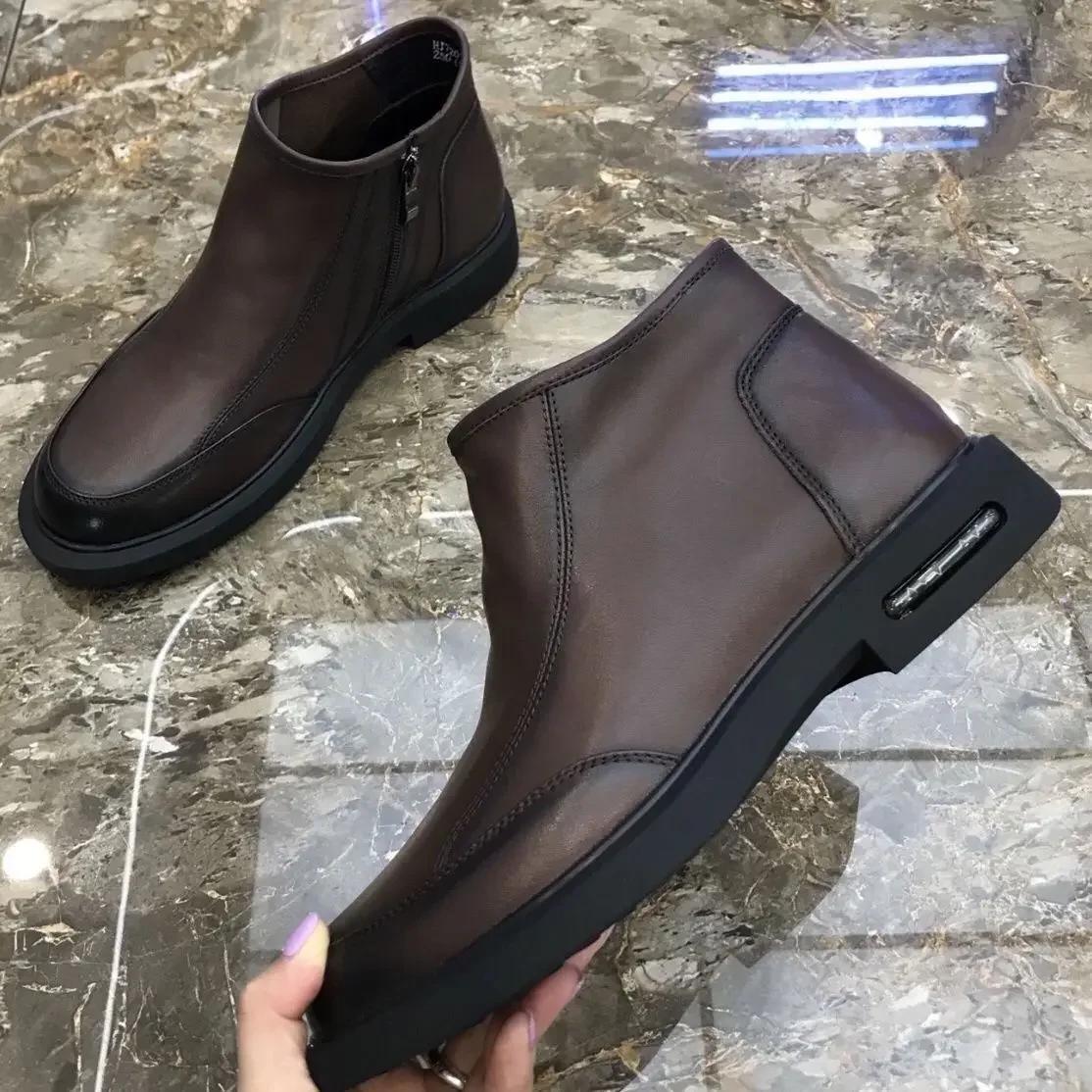 

Мужская обувь Новые мужские ботинки из натуральной коровьей кожи средней высоты с боковой молнией Короткие ботинки Универсальные повседневные мужские ботинки с высоким верхом 44