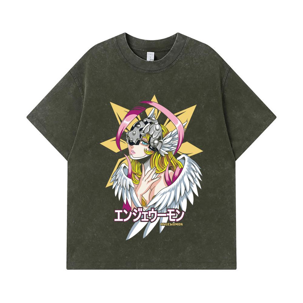 275 GSM Washed T-shirts 100% Cotton Digimon V5 Angewomon Print Unisex Heavy Cotton T Shirt S