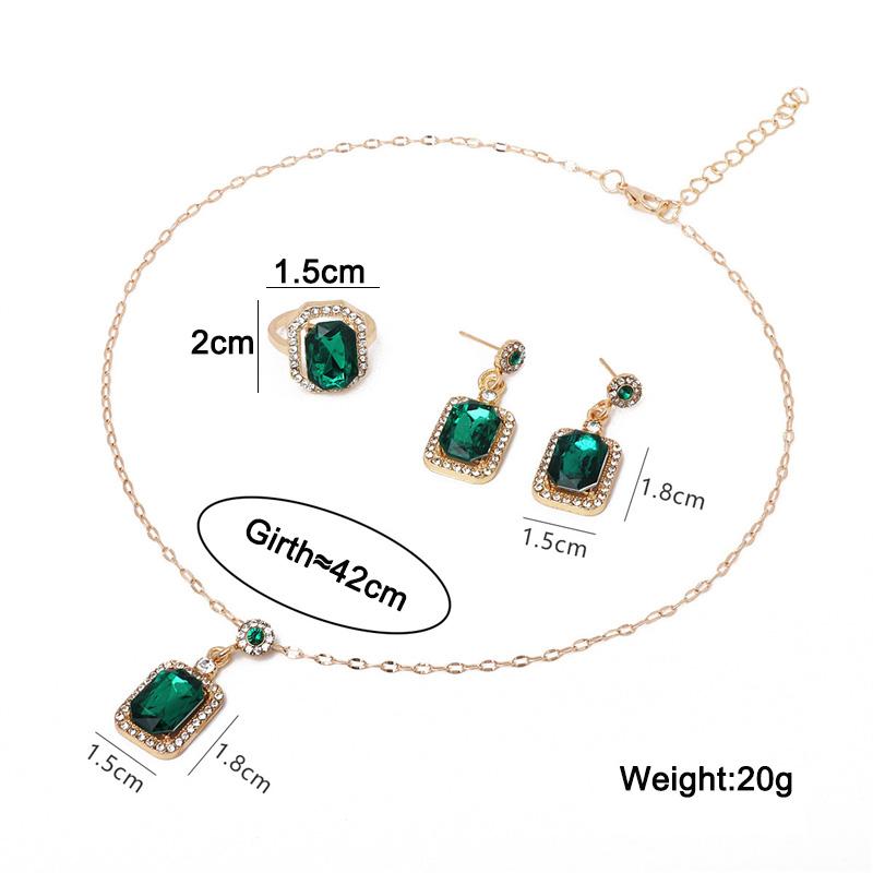 Green Color Square Crystal Stone Jewelry Set Classic Fashion Retro Earrings Necklace Bridal Birthday Girl Gift Wedding