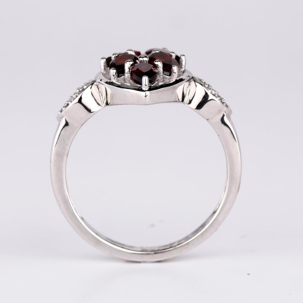 Garnet Floral Cluster Ring, 925 Sterling Silver, White Topaz Accents, January Birthstone