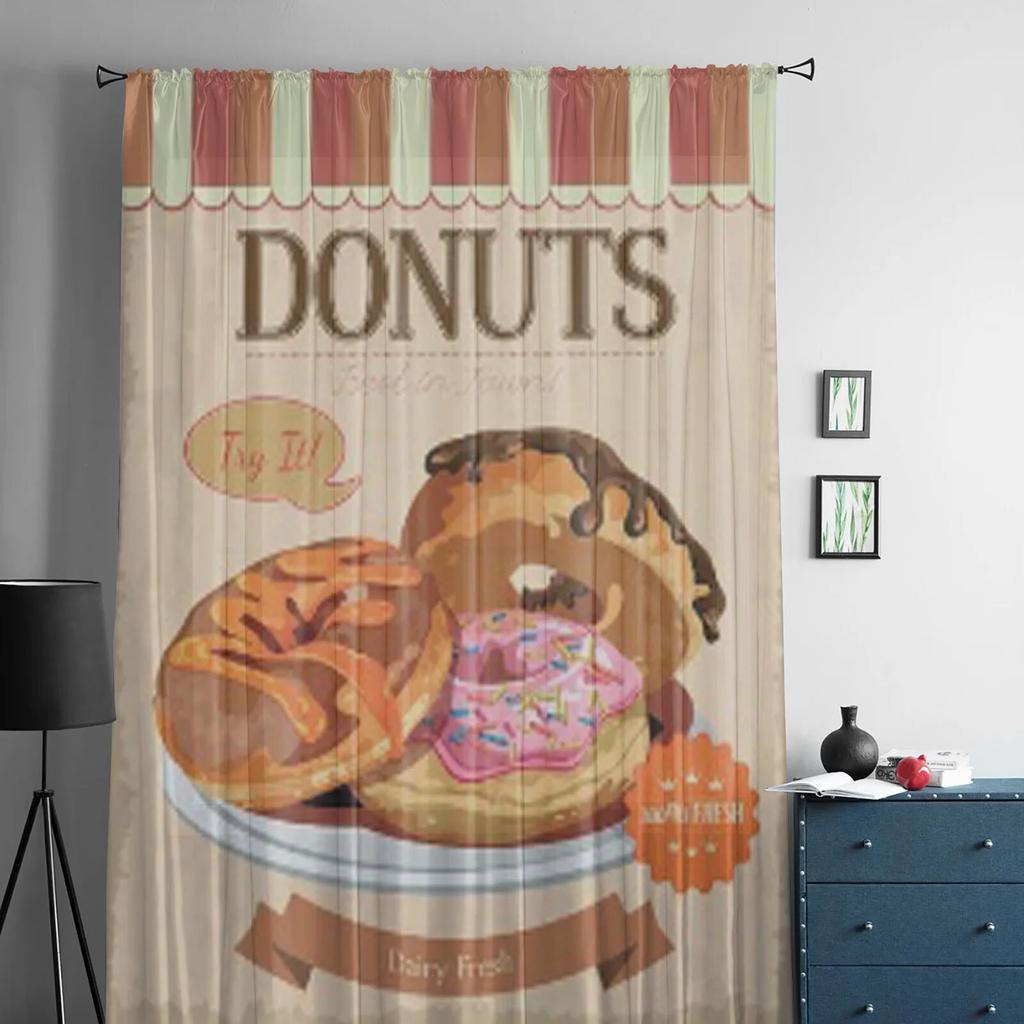 Vintage Donuts Poster With Label Sheer Curtains for Living Room Transparent Tulle Window Curtain Bedroom Kitchen Veil Drapes