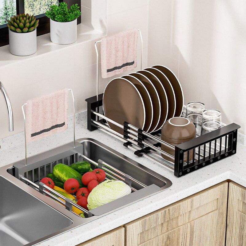 Adjustable Drain Rack Stainless Fruit Vegetable Drainer Basket Household Kitchen Sink Tableware Plate Dish Drainer Rack Storager